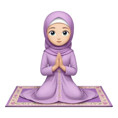 Turkish beautiful finish Konya muslim girl blue eyes with light purple color flower hijab long tail dress and sits on the pray mat namaz on the ground with dua  sticker