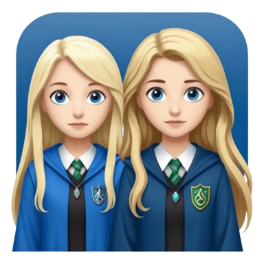a pretty ravenclaw girl with long brown hair and blue eyes standing with a hot Slytherin girl with long blonde hair, blue eyes sticker