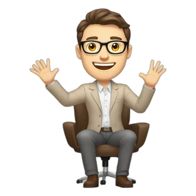 Joyful Celebrating victory Hands up Pale skinned Fit Man With dark brown hair in gray jacket, beige office shirt, Brown pants and vintage glasses sitting In a soft chair sticker