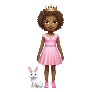 Little girl with a princess crown and wears a cute short pink dress with pink high heels and lots of jewelry and has a pet cute bunny sticker