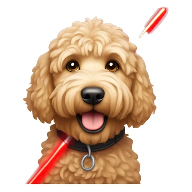Golden doodle with a red lightsaber sticker