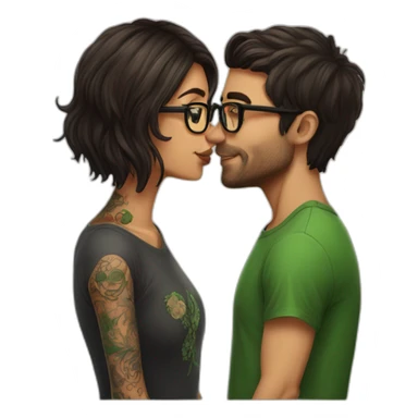 Brazilian long brown hair girl wearing glasses kissing Irish dark short hair guy with many tattoos sticker