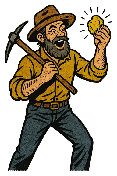 the full body of a male gold prospector from the Gold Rush who has just found a nugget of gold.  He is also holding a pick axe sticker
