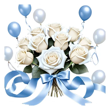 A deep midnight blue velvet background sets the stage for a mesmerizing arrangement of frosty blue and pure white roses, bound together with a delicate pearl-beige ribbon. The ribbon’s edges curl elegantly, as if dancing in an invisible breeze. Floating nearby, metallic pearl balloons in icy silver, misty blue, and opalescent white reflect the ambient glow, creating an ethereal, moonlit atmosphere. Scattered pearl beads and soft candlelight add depth and intimacy to the scene. sticker