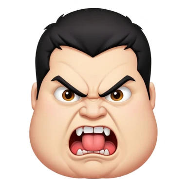 young angry fat man in profile view with black hair, fangs, crossed eyes, long tongue sticking out sticker
