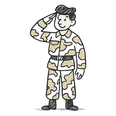 Remove the text from the chest, keep the little soldier with a camouflage uniform in beige, brown, and cream tones, saluting like a military figure, in a hand-drawn style. sticker