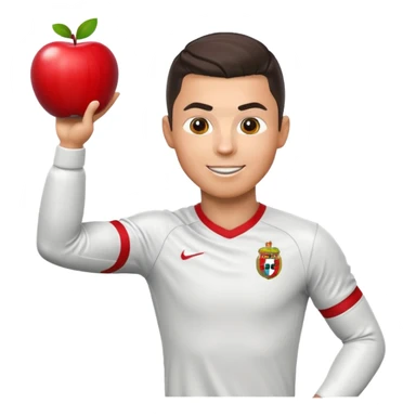 Cristiano Ronaldo as an apple-style emoji, doing his signature 'Siu' celebration, excited face, football kit sticker