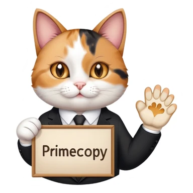 A cat in a black business suit holds a sign with the inscription "PrimeCopy" with one paw and shows a like with the other paw sticker