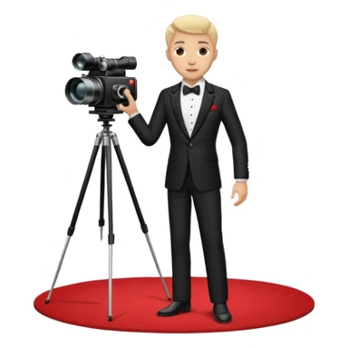an actor standing on a red carpet with a formal tuxedo, with only one movie camera on a tripod next to him. sticker
