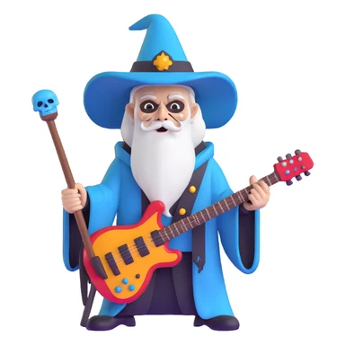 wizard with electric guitar staff, heavy metal, skull decorations sticker