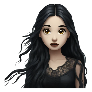Dramatic girl  very pale with dark lighting  with black hair  in river with very very long lace dress  black long hair flying in the wind sad face  white eyes sticker