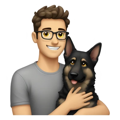 a handsome guy with dark brown hair, black thin stylish glasses and (grey eyes) hugging the grey german shepherd (yellow eyes) sticker