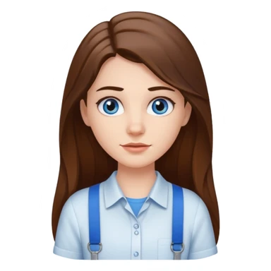 A pretty white girl with long brown hair dark eyebrows and braces and blue eyes wearing a white shirt sticker