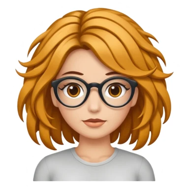 Uma garota de cabelos cacheados compridos e mechas loiras, com pele morena clara e óculos sticker