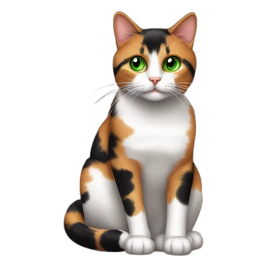 staring calico cat with green eyes sat on cardboard scratcher sticker