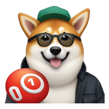 shiba inu dog resting on a man's lap. white man is wearing a black baseball cap with a red circular logo on it, has 5 o'clock shadow, and wearing clear acetate glasses sticker