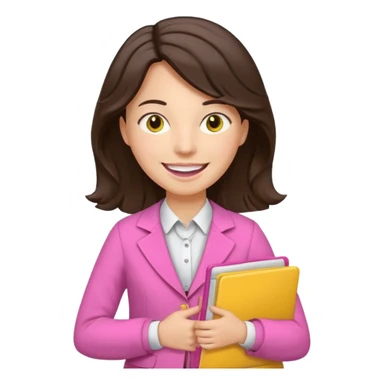 Teacher emoji but : wavy black volume brown hair, light western skin, no glasses, dark eyes, with a computer folder in the hand (color is yellow), being a teacher, wearing pink backpack but wear a teacher formal outfit, smile with teeth







 sticker