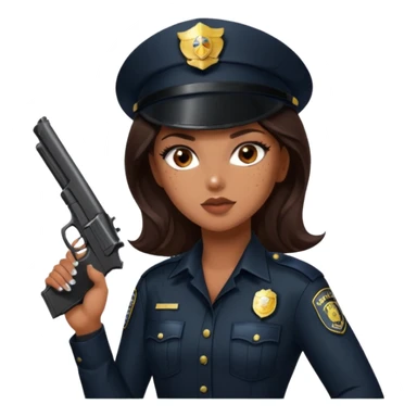 A sexy girl. with caramel skin. Dark brown hair and brown eyes. She has freckles. Wearing sexy makeup. Dressed as a sexy cop. Wearing heels. Holding a gun sticker