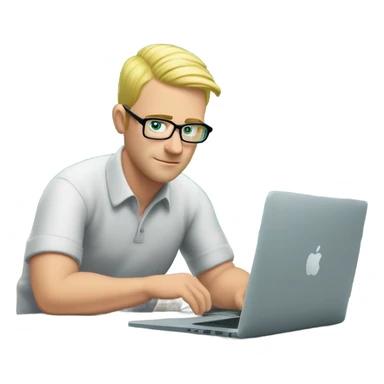 man looks 35 classes, european, tech nerd love pcb designing, blond short hair, blue eyes with specs behind macbook on with green pcb on the desk sticker
