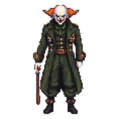 evil clown soldier, bald, black horns on forehead, angry expression, showing fangs, pointed ears, eye patch over one eye, long coat over black and military green clothes with bellbottom pants, tail, holding a different style of whip, realistically proportioned, less bulky, full body, fighting stance sticker