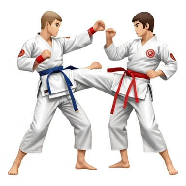Two karate fighters in traditional gi sparring. One executes a high kick aimed at the opponent’s head, while the other blocks with a strong hand defense. The background features a classic dojo with wooden flooring and banners. Dynamic motion and focused expressions. Transparent background. sticker