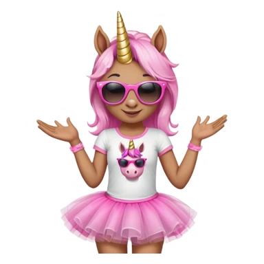 friendly anthropomorphised female unicorn with horse-like face, in tutu and pink t-shirt, wearing dark sunglasses, standard pose, close-crop head and shoulders sticker