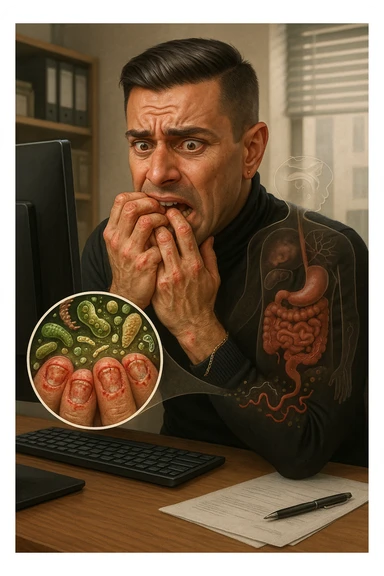 Anxious man at office desk unconsciously biting fingernails, microscopic overlay showing parasitic eggs and bacteria concentrated under nail beds, worms and microorganisms being consumed with each bite, expression of nervous habit unaware of contamination, computer screen reflecting his stress while he infects himself, fingertips raw and bleeding from chronic nail-biting, invisible parasite colonies entering his digestive system sticker