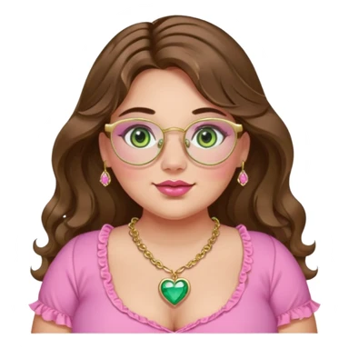 Girl long wavy brown hair with middle part. green gold eyes, plus size, pink frilly top,  gold nose ring, small pink heart crystal necklace. Gold rimmed glasses sticker