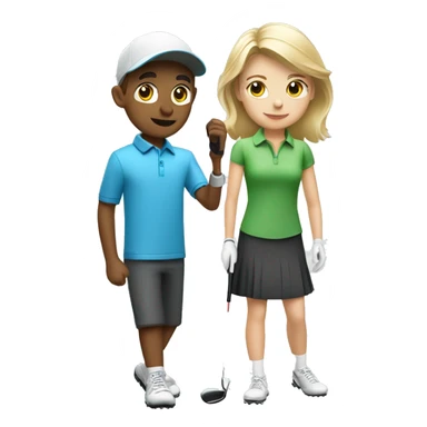 Blonde little boy and brunette little girl golfing with blonde golf coach sticker
