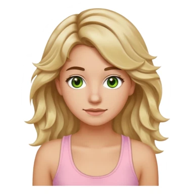 ca you make her hair a 20-year-old girl with long wavy hair brown roots blonde highlights green eyes brown eyebrows good summer tan iPhone emoji style with light pink tank top can you make her hair a little longer please sticker