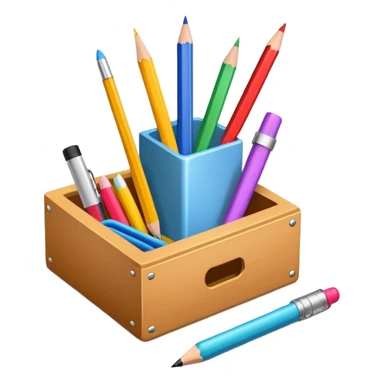 small box of teaching supplies with a pencil, ruler, and markers sticking out sticker