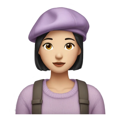 korean girl short black hair sharp jawline, attractive wearing a lilac sweater and beret sticker