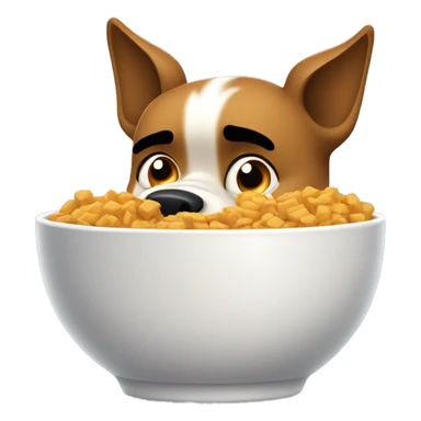 An angry dog with furrowed brows, aggressively eating from a bowl of food. Its ears are perked up in frustration, and it’s baring its teeth slightly while chomping down. The food bowl is tipped slightly as the dog devours the food with visible intensity. sticker