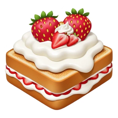 square toast topped with fluffy white cream, decorated with a strawberry bow made from two strawberry center, bright red and glossy sticker