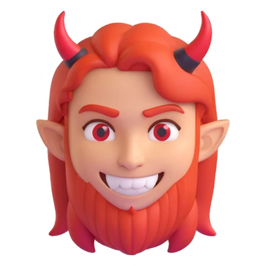 3D emoji of a red-haired character with a sinister smile, small black eyes, red devil horns sticker