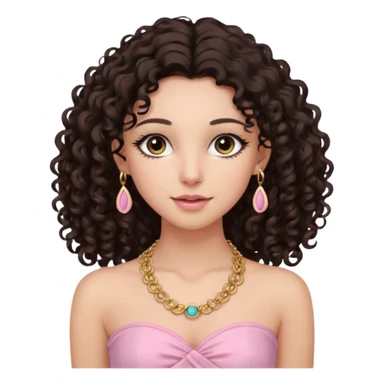 crée moi une jeune fille très belle avec les cheveux bouclés long et brune avec un top  sans manche ni brettelles juste un 'bandeau' de couleur rose clair avec un peu de maquillage et des beaux et long  cils avec un collier en or sticker
