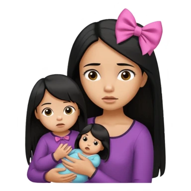Girl with long straight black hair looking confused while holding a very tiny girl baby with a bow  sticker