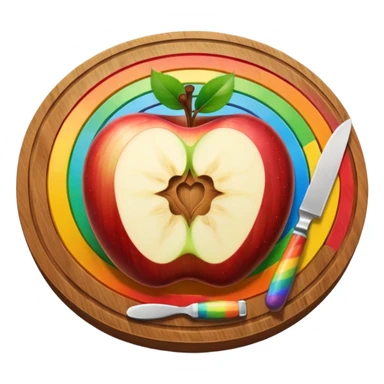 A round wooden board with a whole apple and several slices on it and knife, with a rainbow outline sticker