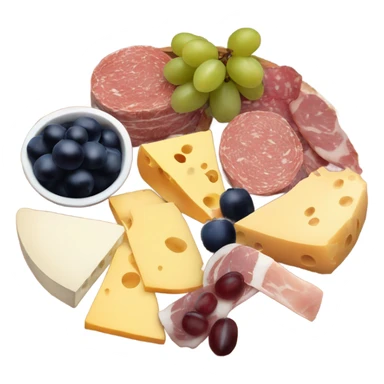 charcuterie board with assorted cheeses, meats, grapes, fruits, and garnish sticker