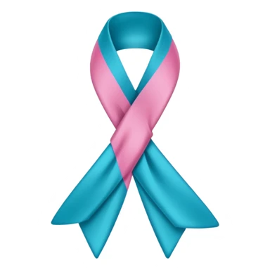 Thyroid cancer ribbon which has a blue strand, a pink strand and teal at the top where the ribbon crossed over sticker
