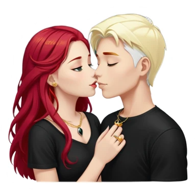 couple kissing, girl with long cherry red hair, blonde eyebrows, gold jewelry, boy with SHORT PURE WHITE hair like snow, dark t-shirt, silver ring with black stone sticker