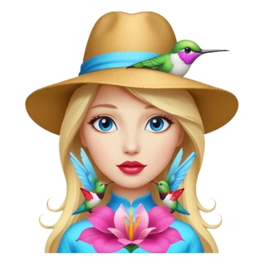 bust woman long blonde hair blue eyes white skin with hummingbird hat and nectar glow lips sticker