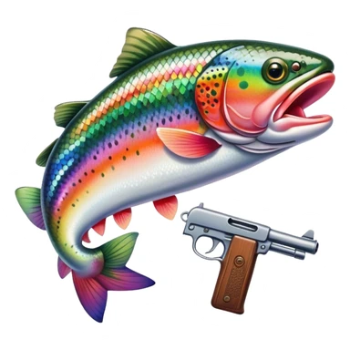 Rainbow trout holding a pistol sticker