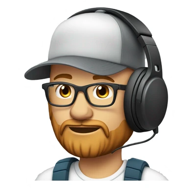 37 year old male, balding, with a snap back cap, red beard, headphones on, clear glasses, speaking into microphone sticker