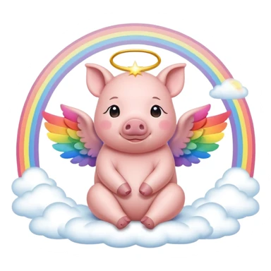 peaceful pig with a glowing halo, sitting on a rainbow bridge with wings folded sticker