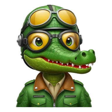 cartoon crocodile with a bomber pilot helmet and goggles, looking adventurous and bold, modern emoji style sticker