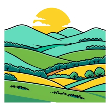 a sunlit meadow with rolling hills, cartoonish sticker style sticker