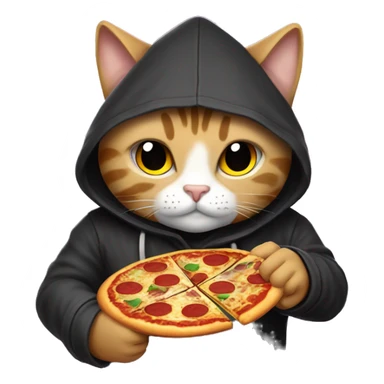 A hooded cat is holding btc in his hand , sweeter and Night-themes, Behind it is written pizza and JR crypto sticker