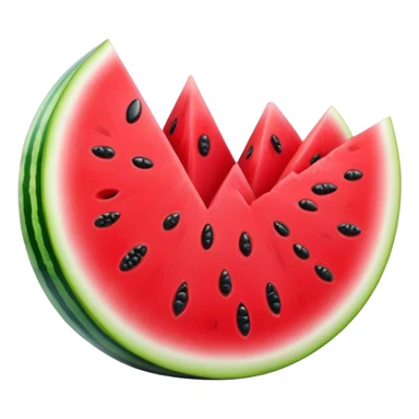 Cinematic juicy watermelon, thick slices revealing vibrant red interior, glossy and glistening with tiny black seeds, fresh and refreshing, soft glowing background, summer vibes. sticker