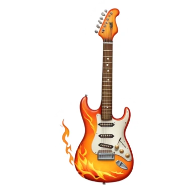 Create a bold and powerful emoji representing rock vocal performance in a humanless collage. The design should feature a vintage microphone at the center, surrounded by a heavy, aggressive hardcore electric guitar with sharp, jagged edges. Include crossed drumsticks behind the guitar, symbolizing the intense rhythm of rock music. Add fiery elements like flames or lightning bolts to enhance the raw energy of the design. Use dark, bold colors like black, red, and silver, with metallic or chrome accents to reflect the rebellious, hard-hitting nature of rock. The background should be transparent. sticker